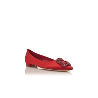HANGISIFLAT Red Satin Jewel Buckle Flat Pumps