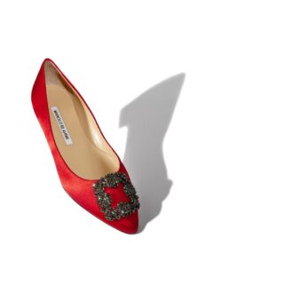 HANGISIFLAT Red Satin Jewel Buckle Flat Pumps