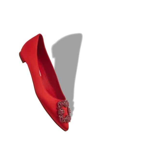 HANGISIFLAT Red Satin Jewel Buckle Flat Pumps