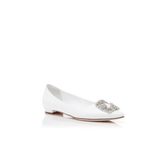 HANGISIFLAT White Calf Leather Jewel Buckle Flat Pumps