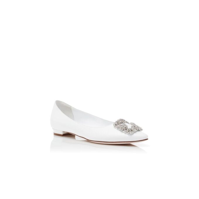 HANGISIFLAT White Calf Leather Jewel Buckle Flat Pumps
