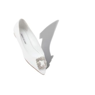 HANGISIFLAT White Calf Leather Jewel Buckle Flat Pumps