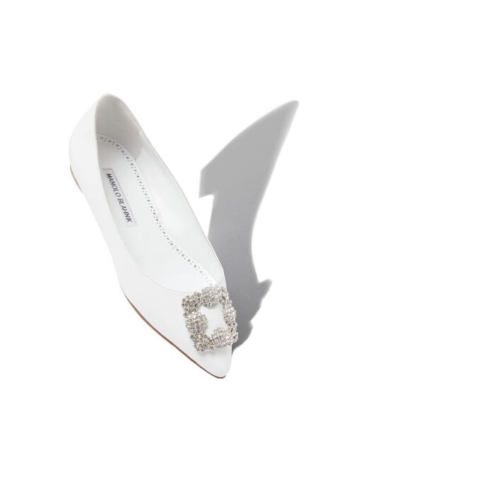 HANGISIFLAT White Calf Leather Jewel Buckle Flat Pumps