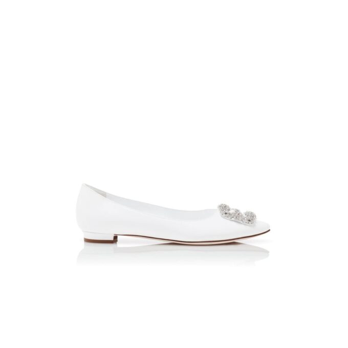 HANGISIFLAT White Calf Leather Jewel Buckle Flat Pumps