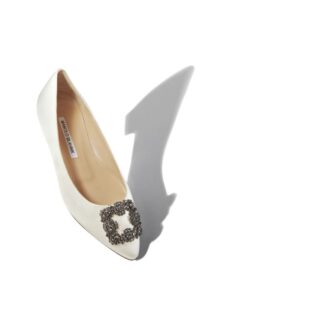 HANGISIFLAT White Satin Jewel Buckle Flat Pumps