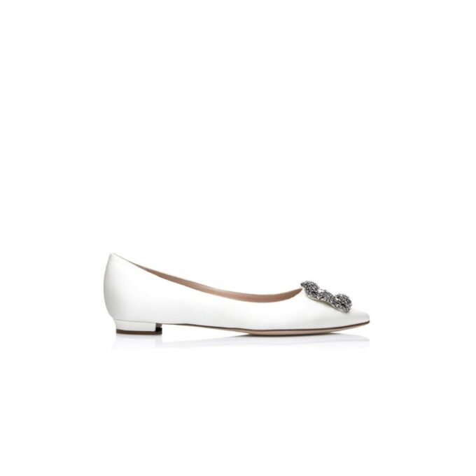 HANGISIFLAT White Satin Jewel Buckle Flat Pumps
