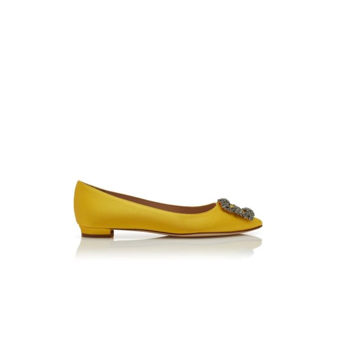 HANGISIFLAT Yellow Satin Jewel Buckle Flat Pumps