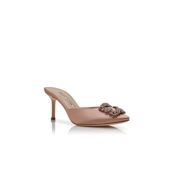 HANGISIMU Beige Satin Jewel Buckle Mules