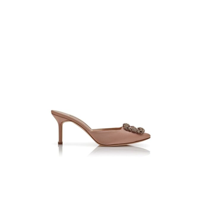 HANGISIMU Beige Satin Jewel Buckle Mules
