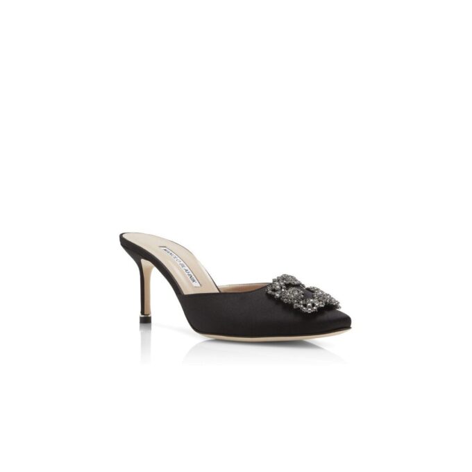 HANGISIMU Black Satin Jewel Buckle Mules