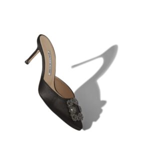 HANGISIMU Black Satin Jewel Buckle Mules