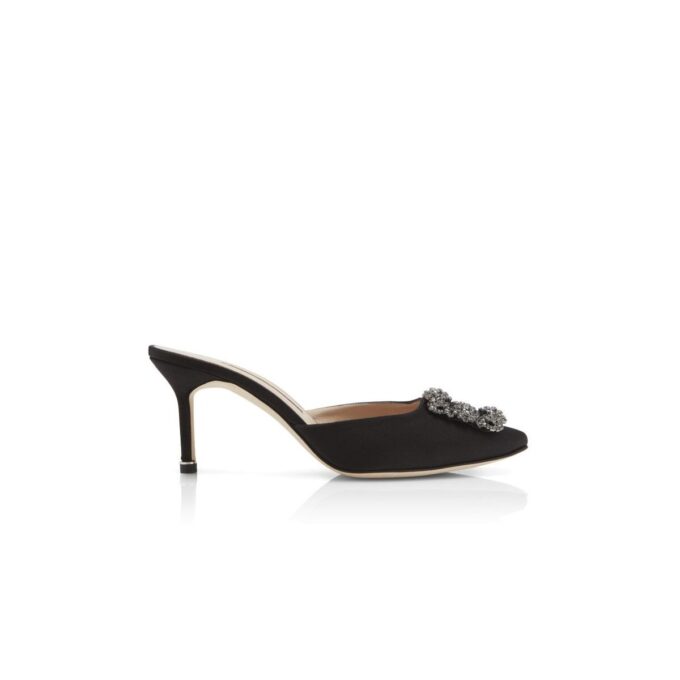 HANGISIMU Black Satin Jewel Buckle Mules