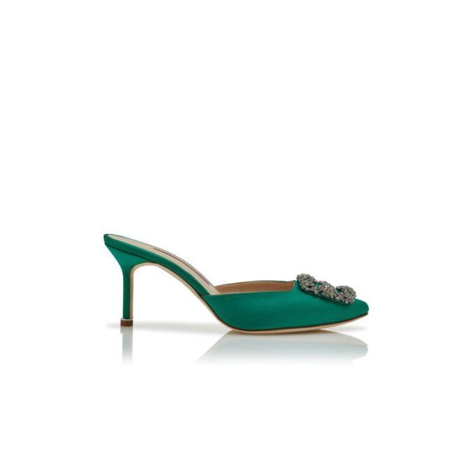 HANGISIMU Green Satin Jewel Buckle Mules