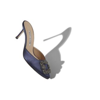 HANGISIMU Navy Blue Satin Jewel Buckle Mules
