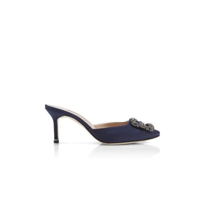 HANGISIMU Navy Blue Satin Jewel Buckle Mules