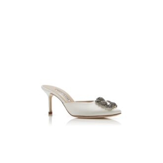 HANGISIMU Off-White Satin Jewel Buckle Mules