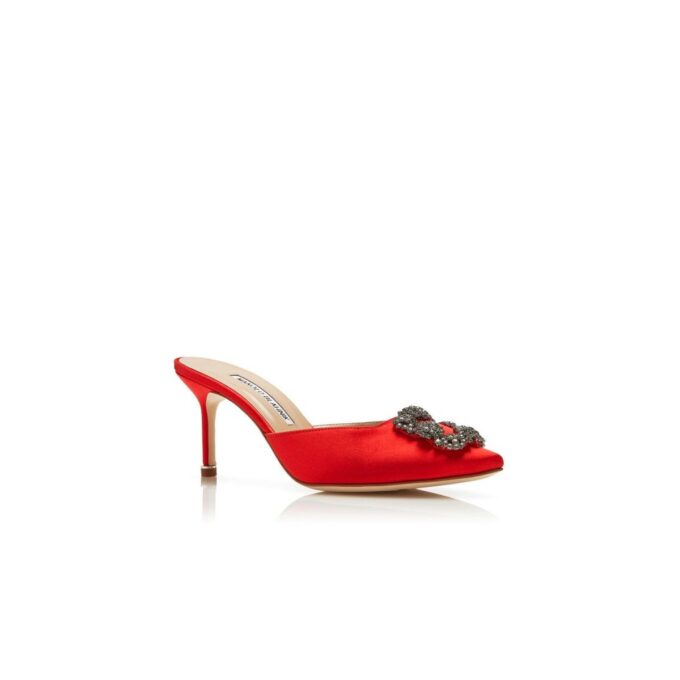 HANGISIMU Red Satin Jewel Buckle Mules