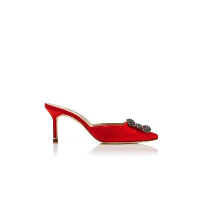 HANGISIMU Red Satin Jewel Buckle Mules