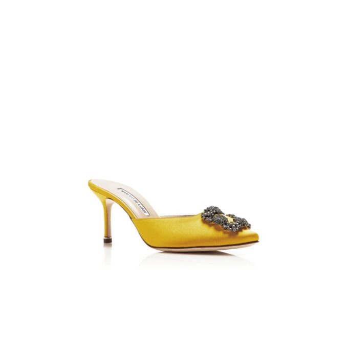 HANGISIMU Yellow Satin Jewel Buckle Mules