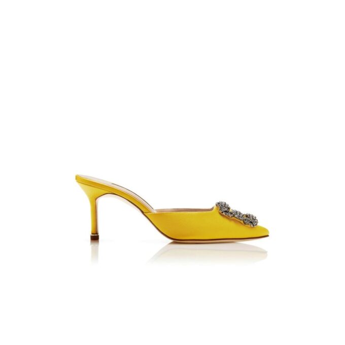 HANGISIMU Yellow Satin Jewel Buckle Mules