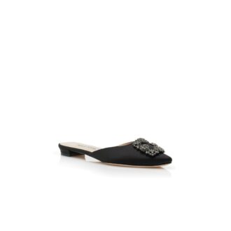 HANGISIMUFLAT Black Satin Jewel Buckle Flat Mules
