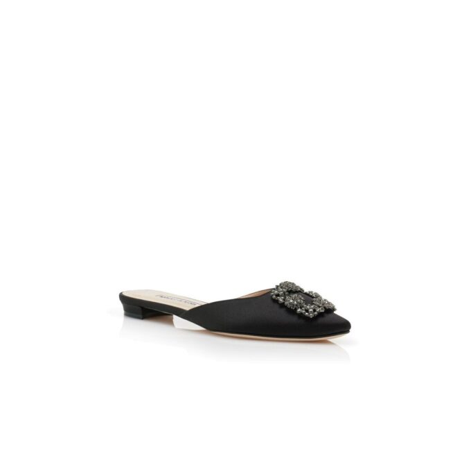 HANGISIMUFLAT Black Satin Jewel Buckle Flat Mules