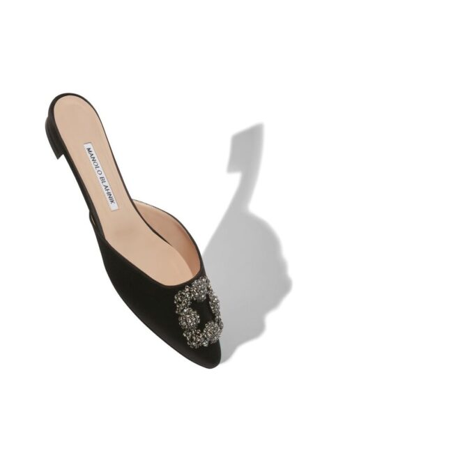 HANGISIMUFLAT Black Satin Jewel Buckle Flat Mules