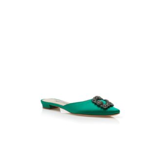 HANGISIMUFLAT Green Satin Jewel Buckle Flat Mules