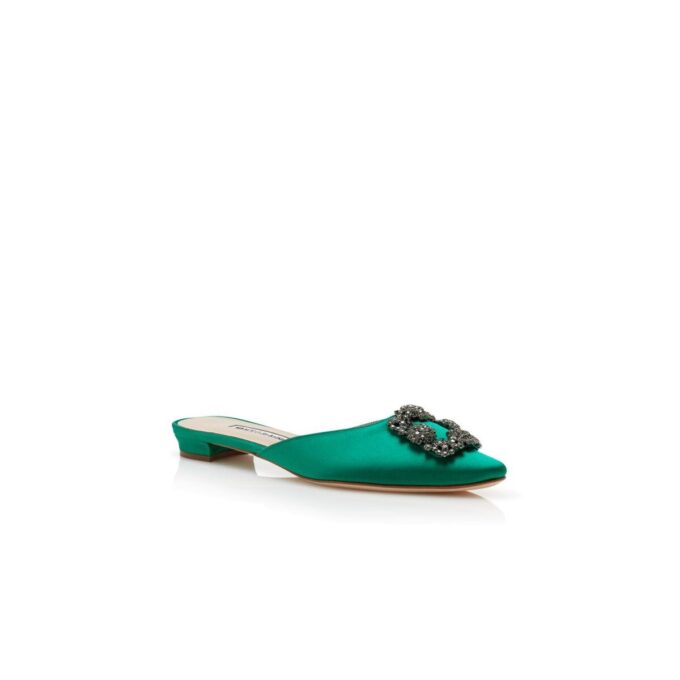 HANGISIMUFLAT Green Satin Jewel Buckle Flat Mules