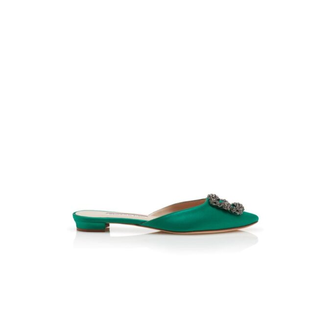HANGISIMUFLAT Green Satin Jewel Buckle Flat Mules