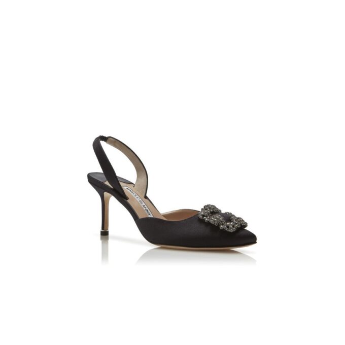 HANGISLI Black Satin Jewel Buckle Slingback Pumps