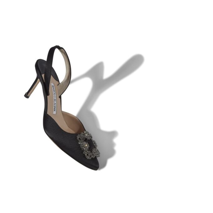 HANGISLI Black Satin Jewel Buckle Slingback Pumps