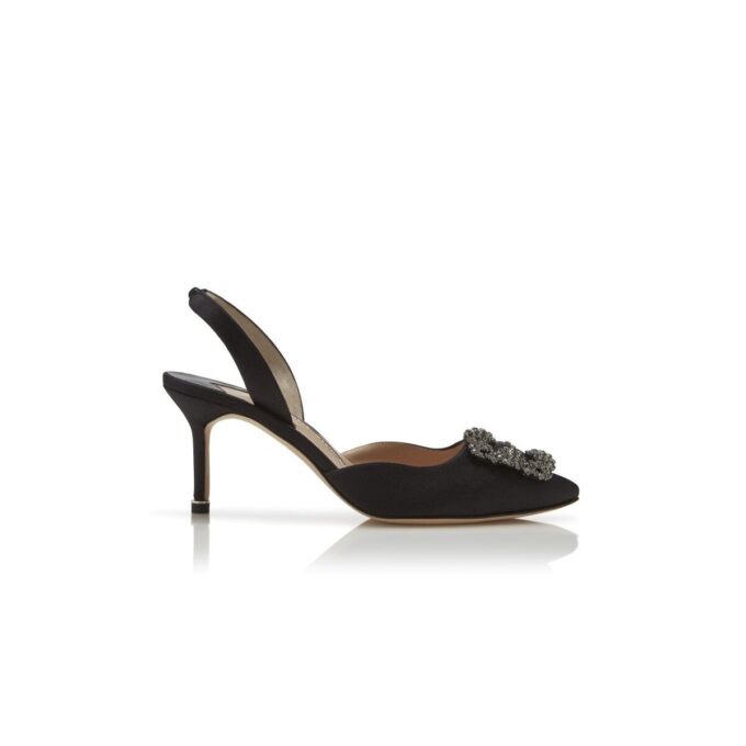 HANGISLI Black Satin Jewel Buckle Slingback Pumps