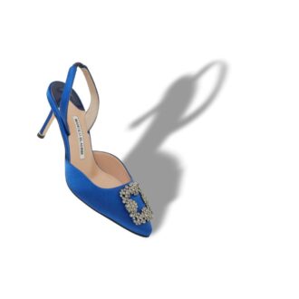 HANGISLI Blue Satin Jewel Buckle Slingback Pumps
