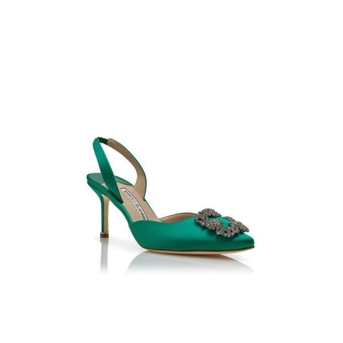 HANGISLI Green Satin Jewel Buckle Slingback Pumps