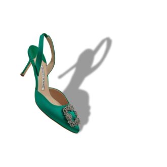 HANGISLI Green Satin Jewel Buckle Slingback Pumps
