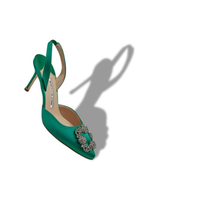 HANGISLI Green Satin Jewel Buckle Slingback Pumps