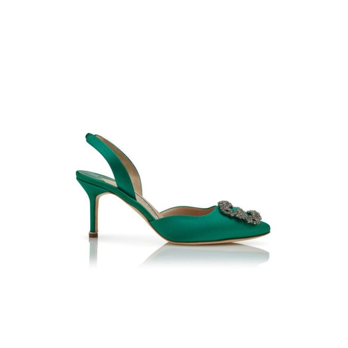 HANGISLI Green Satin Jewel Buckle Slingback Pumps