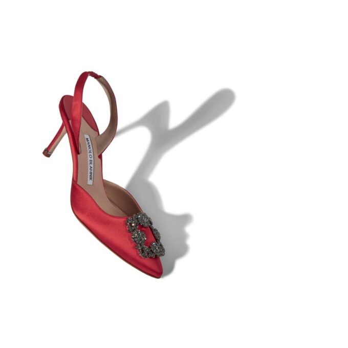 HANGISLI Red Satin Jewel Buckle Slingback Pumps