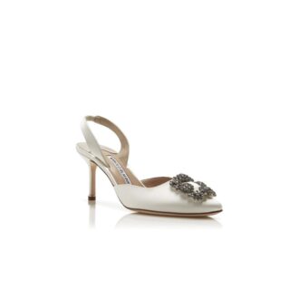 HANGISLI White Satin Jewel Buckle Slingback Pumps