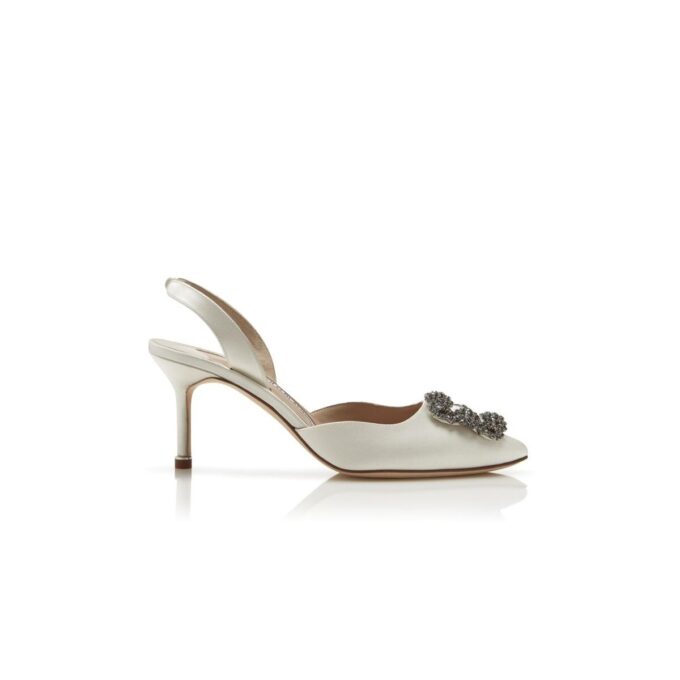 HANGISLI White Satin Jewel Buckle Slingback Pumps