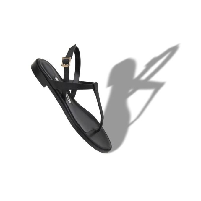 HATA Black Calf Leather Flat Sandals