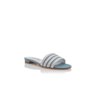 KENITRA Light Blue and White Linen Flat Mules