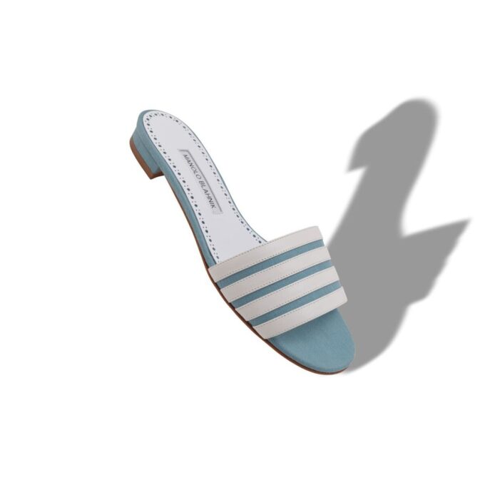 KENITRA Light Blue and White Linen Flat Mules