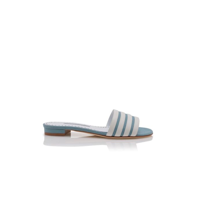 KENITRA Light Blue and White Linen Flat Mules