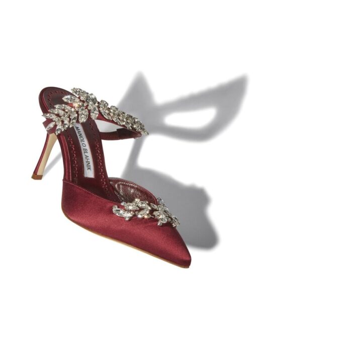LURUM Burgundy Satin Crystal Embellished Mules