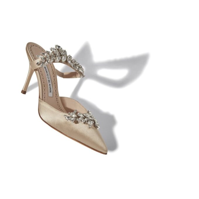 LURUM Champagne Satin Crystal Embellished Mules
