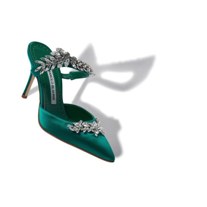 LURUM Green Satin Crystal Embellished Mules