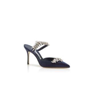 LURUM Navy Blue Satin Crystal Embellished Mules