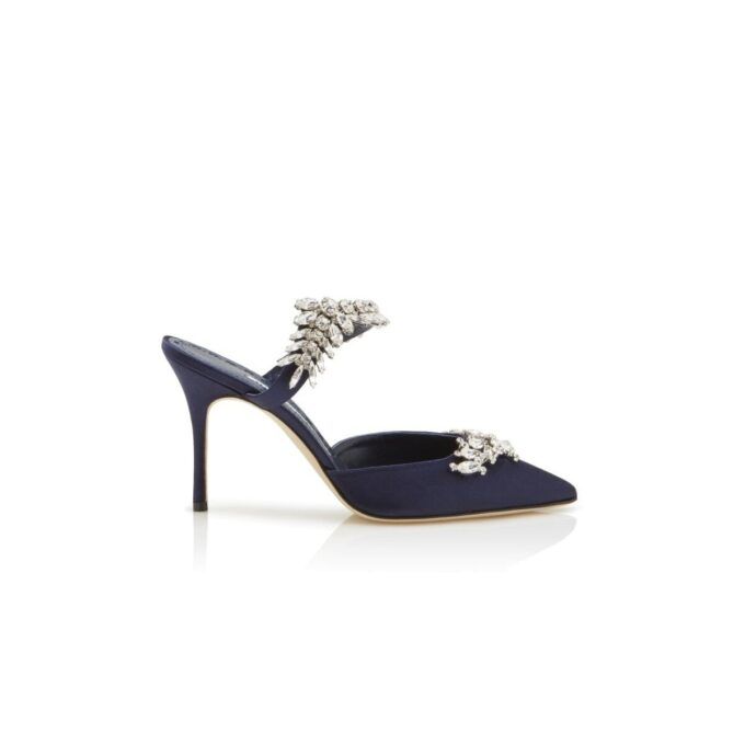 LURUM Navy Blue Satin Crystal Embellished Mules